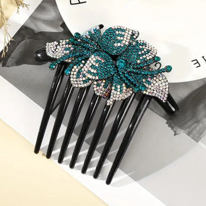 Schwarzer Haarkamm mit türkisfarbenen Strass-Schmetterlingen, elegantes Haaraccessoire.
