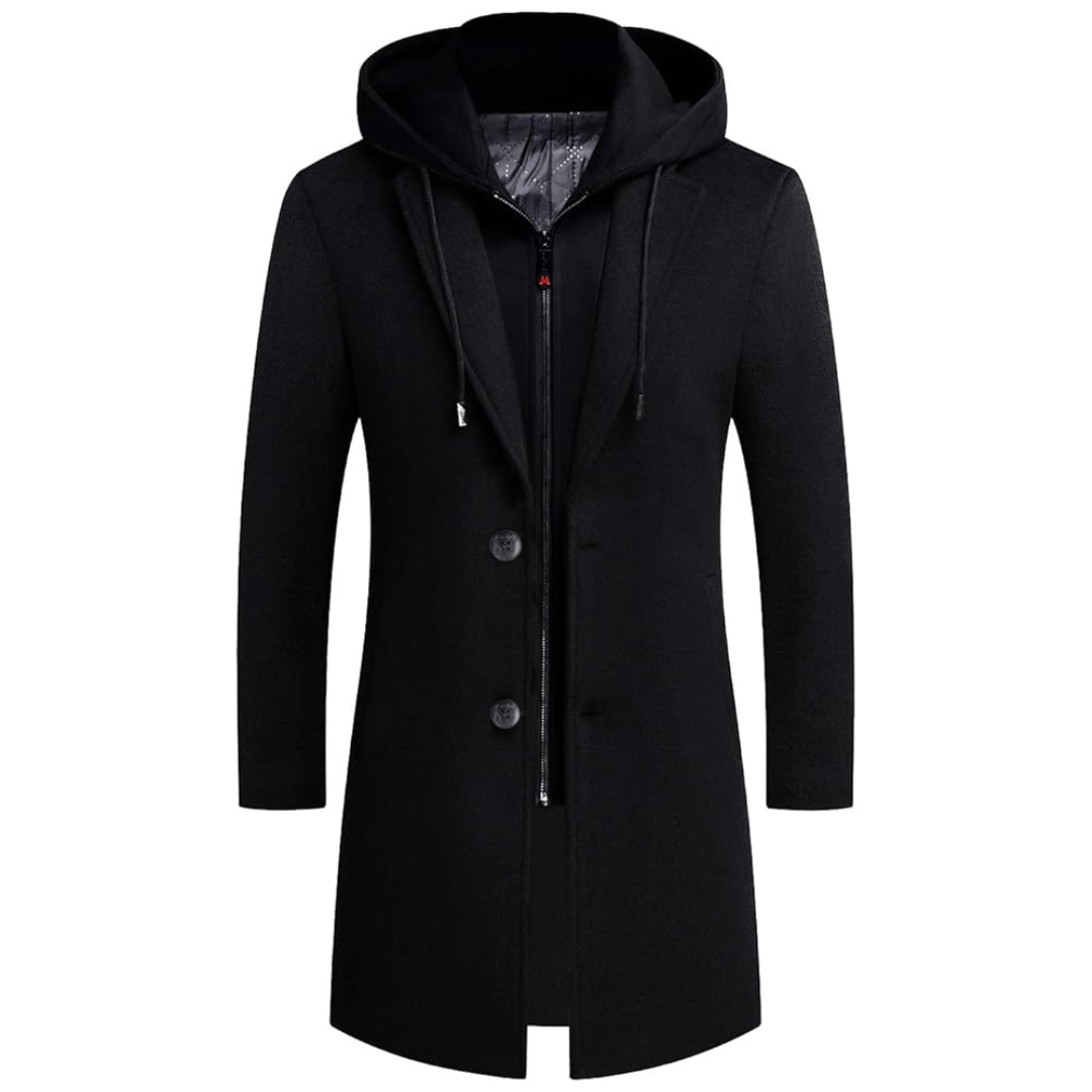 Schwarzer Herrenmantel mit Kapuze, Knöpfen und Reißverschluss, elegantes Design, Wintermode.