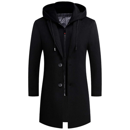 Schwarzer Herrenmantel mit Kapuze, Knöpfen und Reißverschluss, elegantes Design, Wintermode.
