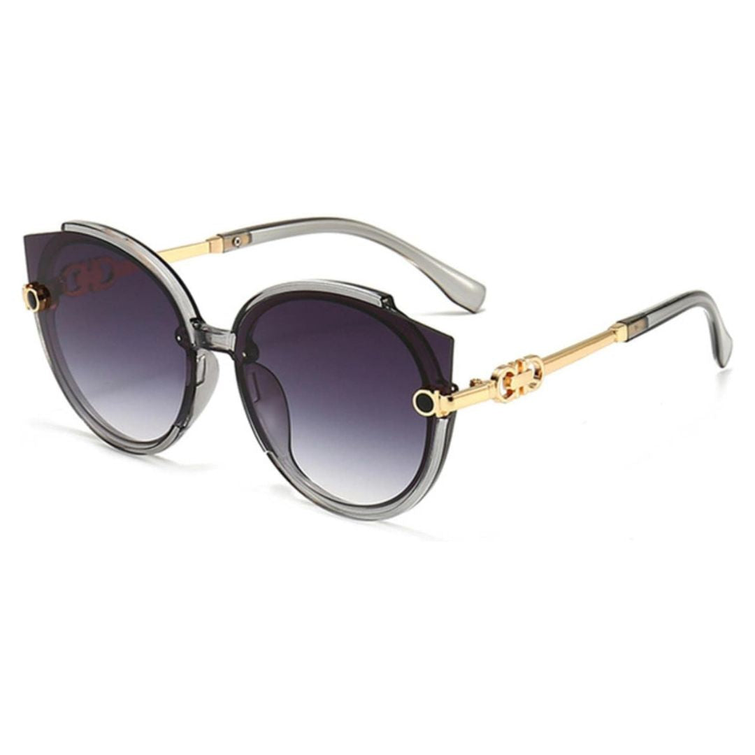 Sonnenbrille Damen, rund, grau, goldene Bügel, UV-Schutz, modisch, Accessoire, Sommer.
