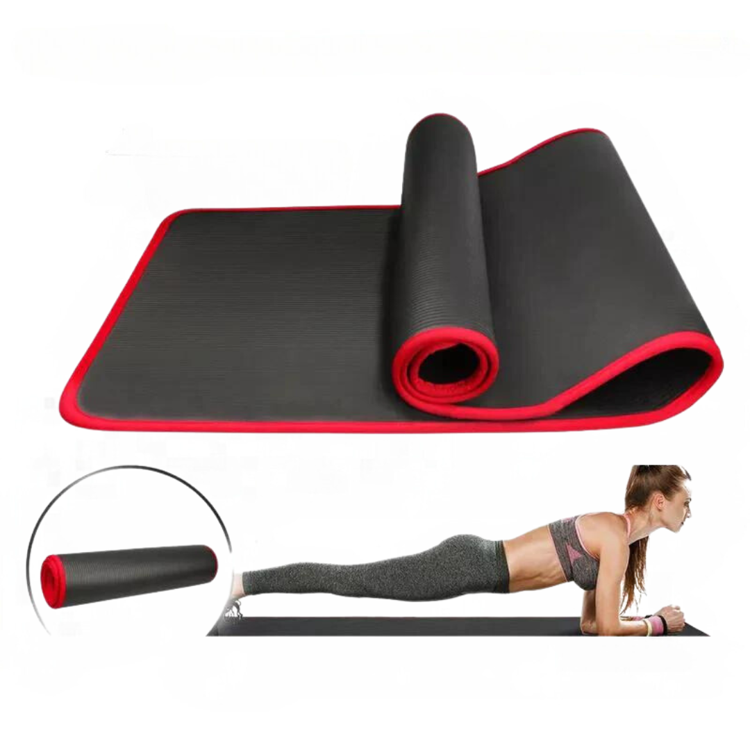 Schwarze Yogamatte mit rotem Rand, rutschfest, für Fitness und Pilates, Frau in Plank-Position.