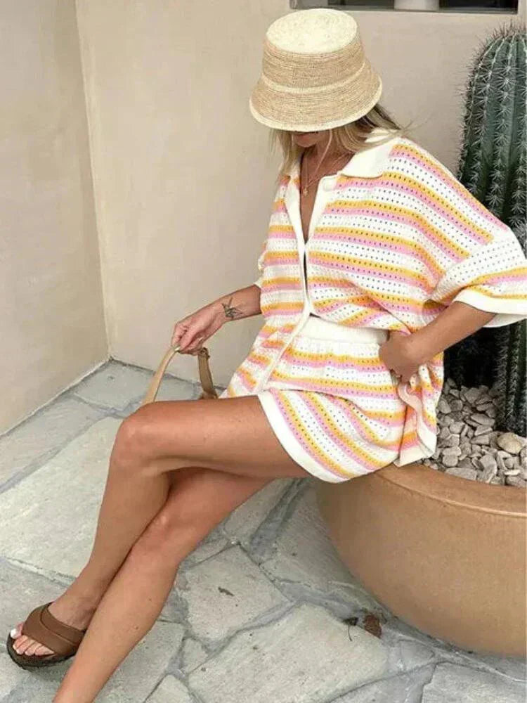 Randig dam sommarbyxa med topp och shorts – Faye