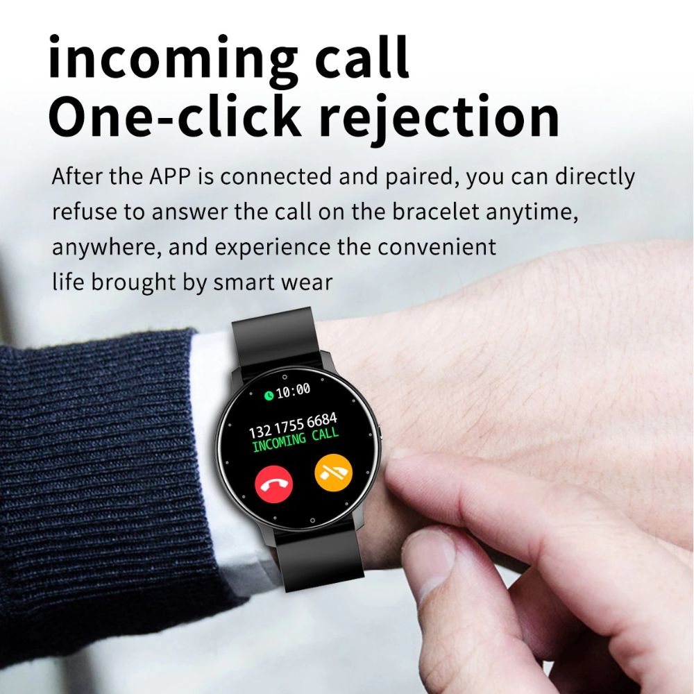 Schwarze Smartwatch mit Anrufablehnung, rundes Display, Armband, moderne Technologie.