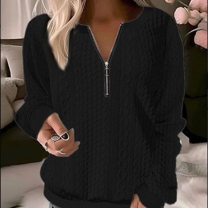 Damen Pullover Schwarz, Zopfmuster, Reißverschluss, Strickmode, Herbst Winter, Freizeitkleidung
