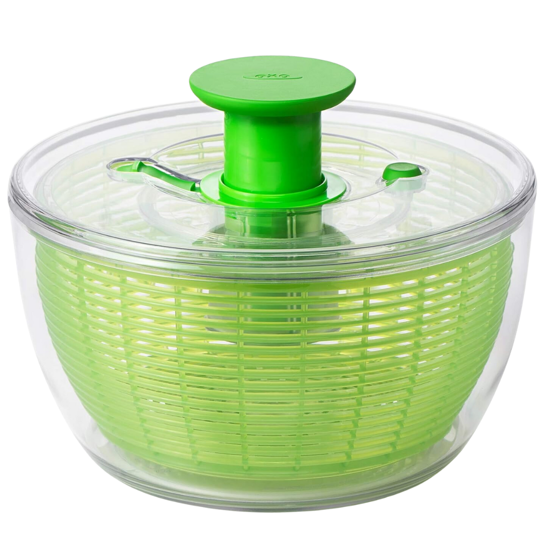 Grüne Salatschleuder aus Kunststoff, transparent, mit Kurbelgriff, Küchengerät für Salat.