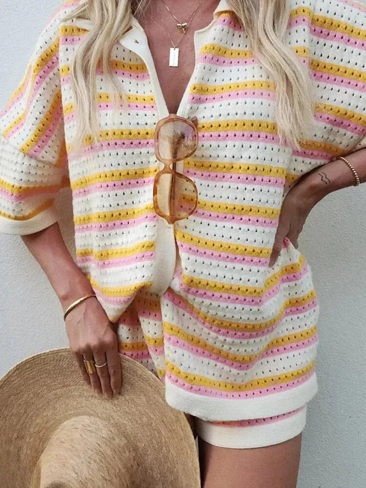 Randig dam sommarbyxa med topp och shorts – Faye