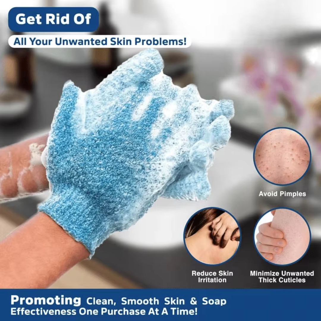 Blaue Peeling-Handschuhe, entfernt Hautunreinheiten, reduziert Hautirritationen, glatte Haut.