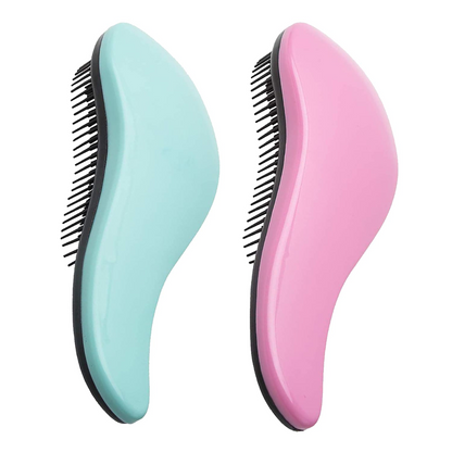 Zwei ergonomische Entwirrbürsten, türkis und rosa, mit schwarzen Borsten für glattes Haar.