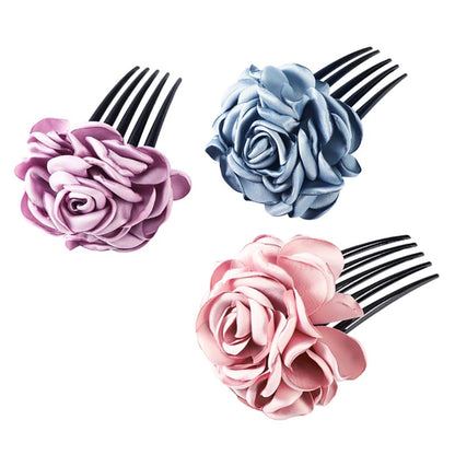 Drei Haarspangen mit Rosenblüten, lila, blau, rosa, Kunststoff, elegantes Haaraccessoire.
