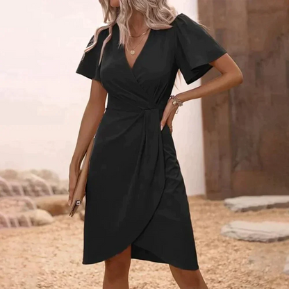 Damen Wickelkleid Schwarz, Kurzarm, V-Ausschnitt, Sommermode, Elegantes Freizeitkleid