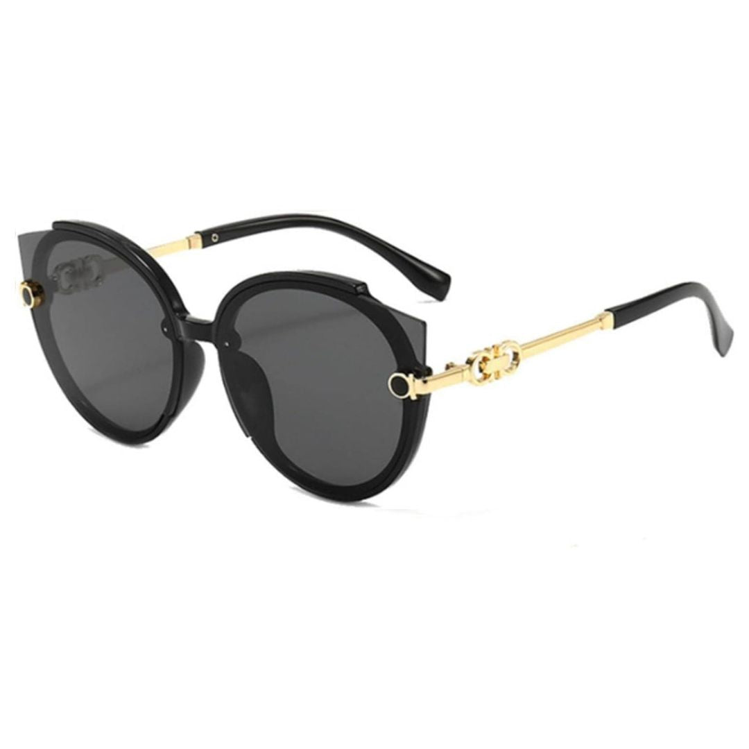 Schwarze Designer-Sonnenbrille, runde Gläser, goldene Bügel, modisch, UV-Schutz.