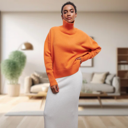 Frau in orangefarbenem Rollkragenpullover und weißem Rock im modernen Wohnzimmer.