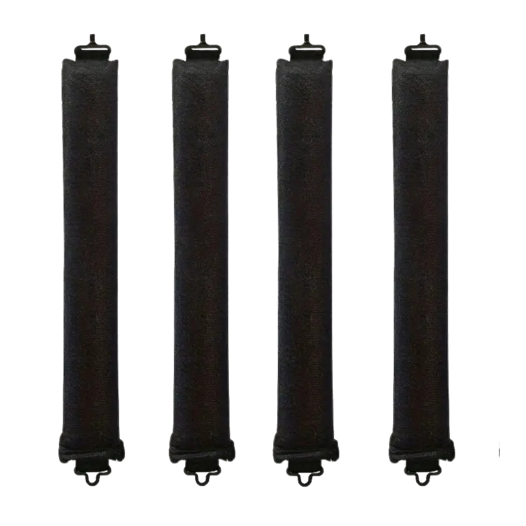 Vier schwarze, wiederverwendbare Lockenwickler aus Schaumstoff für schonendes Haarstyling.