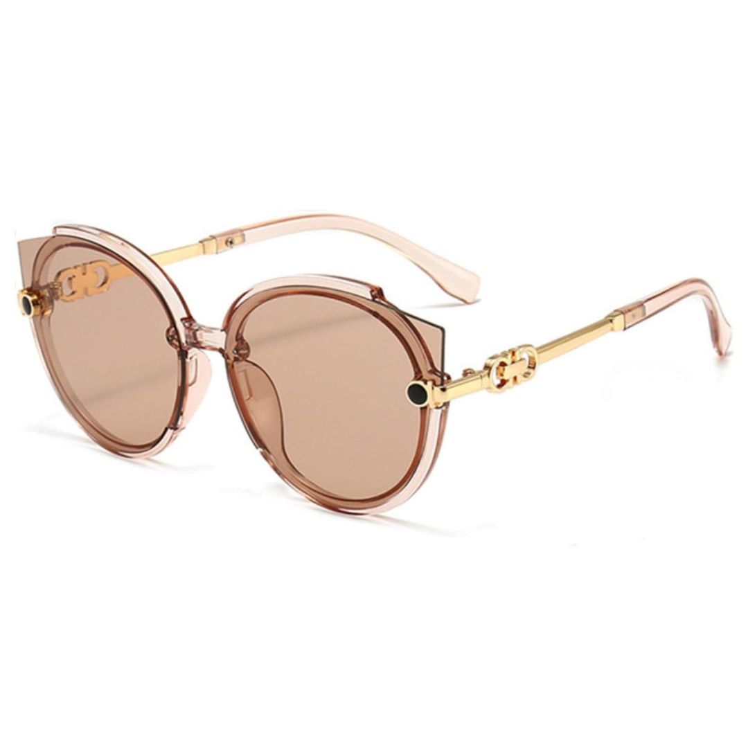 Damen Sonnenbrille, rosa, runde Gläser, goldene Bügel, modisch, UV-Schutz, Accessoire.