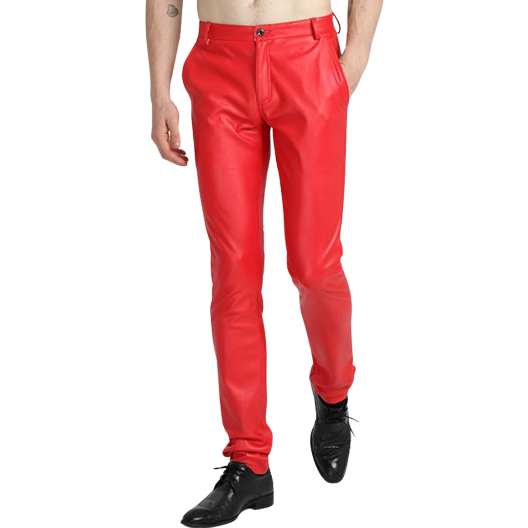 Rote Herren-Lederhose, schmal geschnitten, modisch, aus Kunstleder, ideal für trendige Outfits.