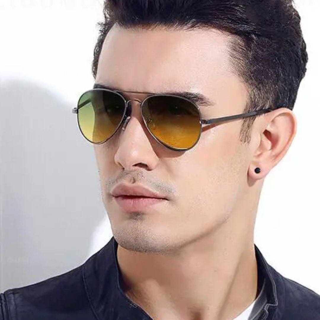 Mann mit Sonnenbrille, gelb getönte Gläser, modisch, stilvoll, Accessoire, Herrenmode.