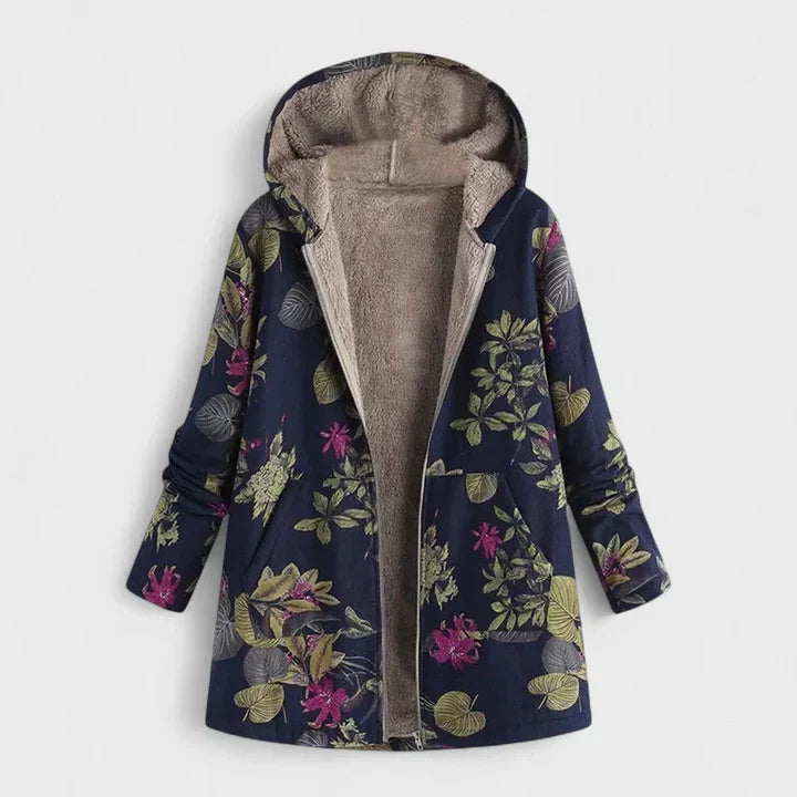 Parkas på galge i marinblått med gröna blad och rosa blommor, öppen och fodrad med fleece 3
