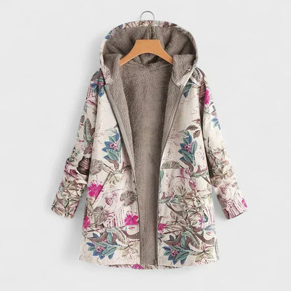 Parkas på galge med rosa och blågröna blommor på ljus botten, öppen med mjukt fleecefoder 2