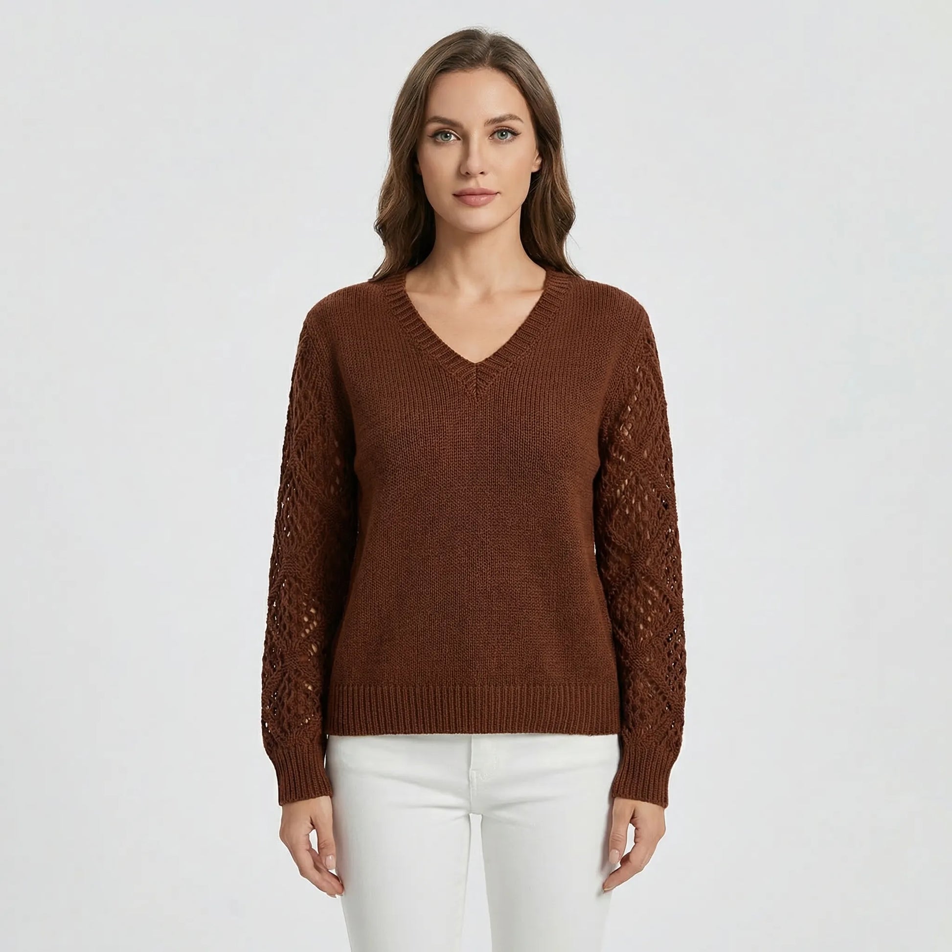 V-Neck Knitted Jumper With Open-Weave Sleeves - Audrey