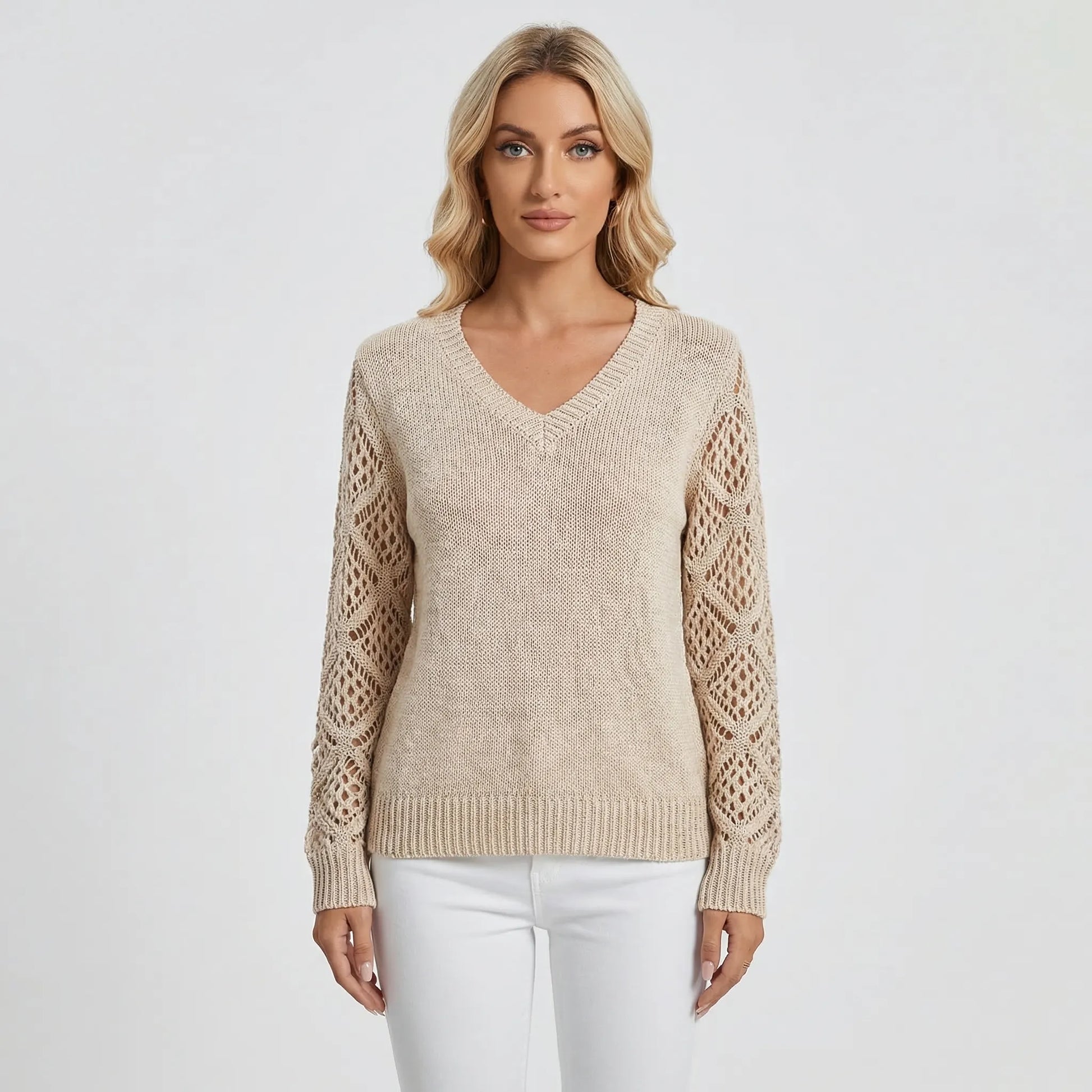 V-Neck Knitted Jumper With Open-Weave Sleeves - Audrey