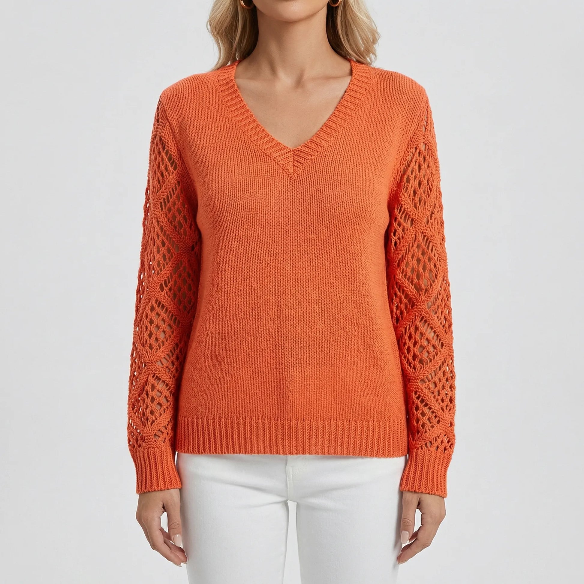 V-Neck Knitted Jumper With Open-Weave Sleeves - Audrey