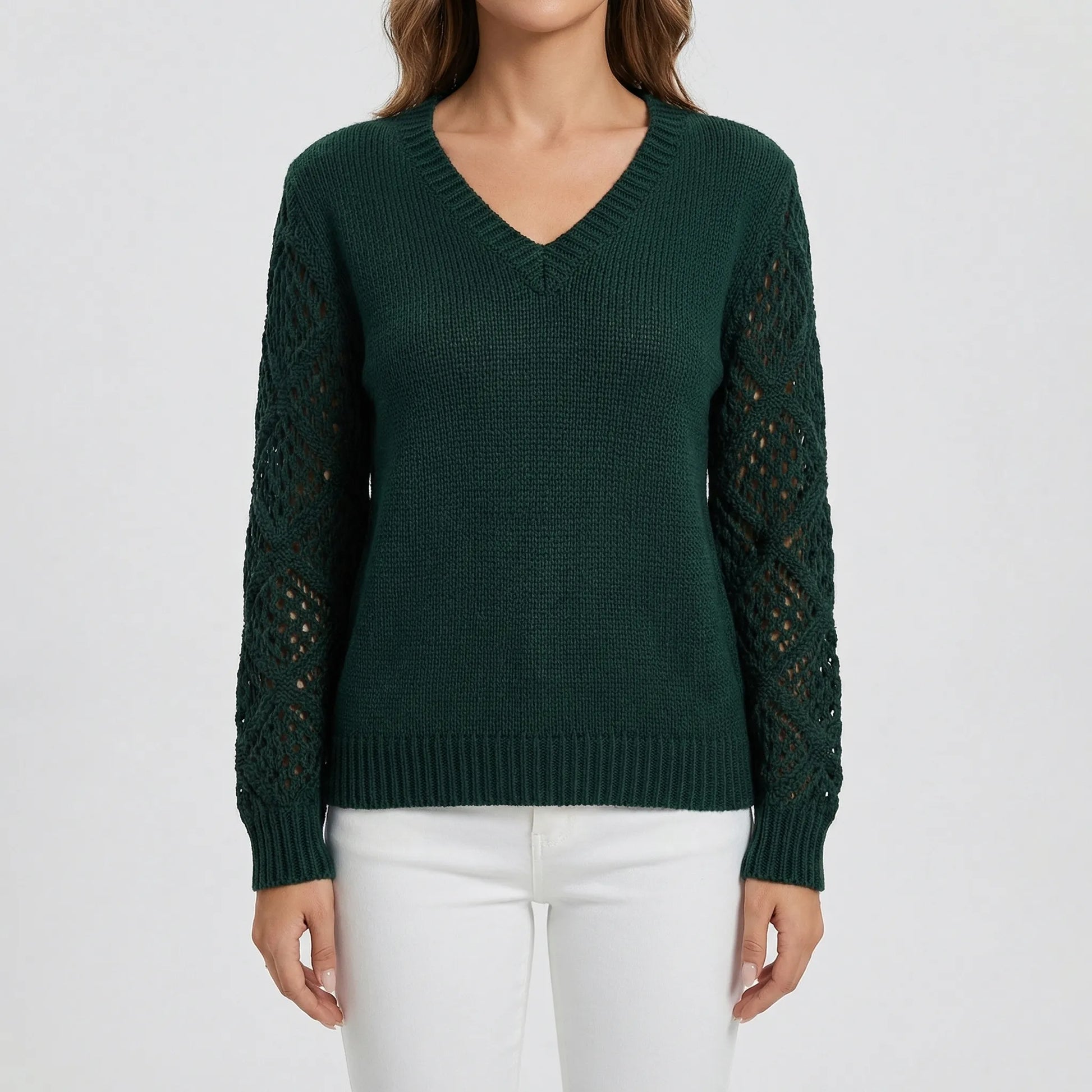 V-Neck Knitted Jumper With Open-Weave Sleeves - Audrey