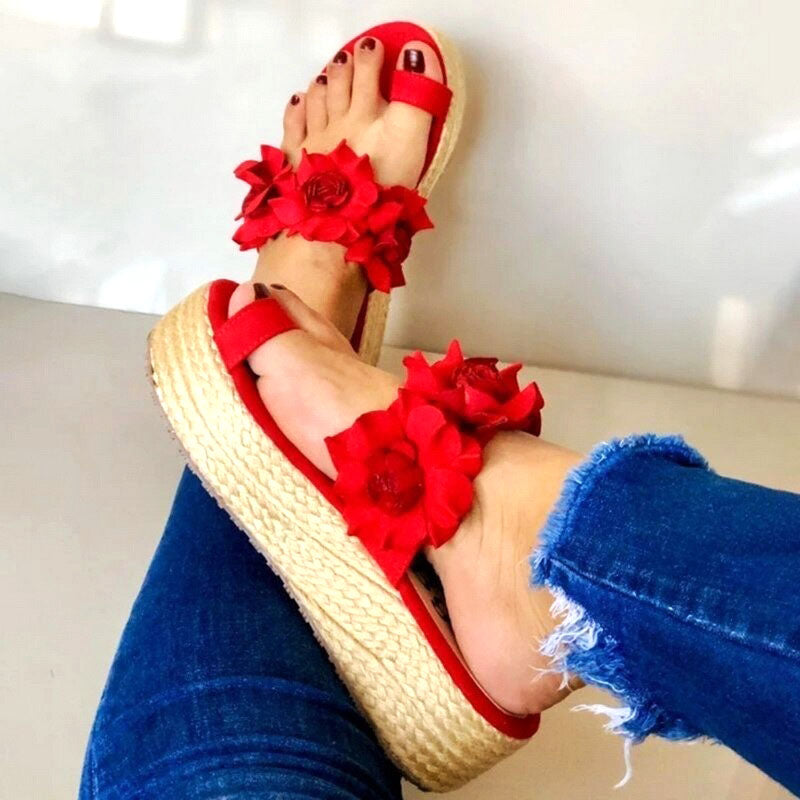 Rote Sandalen mit Blumen, Plateau, Damen, Sommermode, Freizeitschuhe, Strohsandalen.