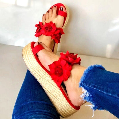 Rote Sandalen mit Blumen, Plateau, Damen, Sommermode, Freizeitschuhe, Strohsandalen.