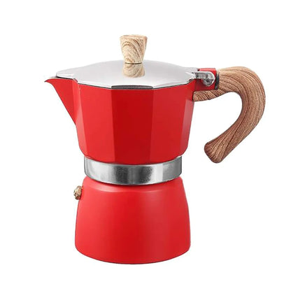 Rote Espressokanne aus Aluminium mit Holzgriff, italienisches Design, 6 Tassen.