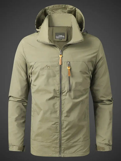 Grüne Outdoor-Jacke, winddicht, wasserdicht, mit Kapuze, Reißverschluss, Herrenmode.