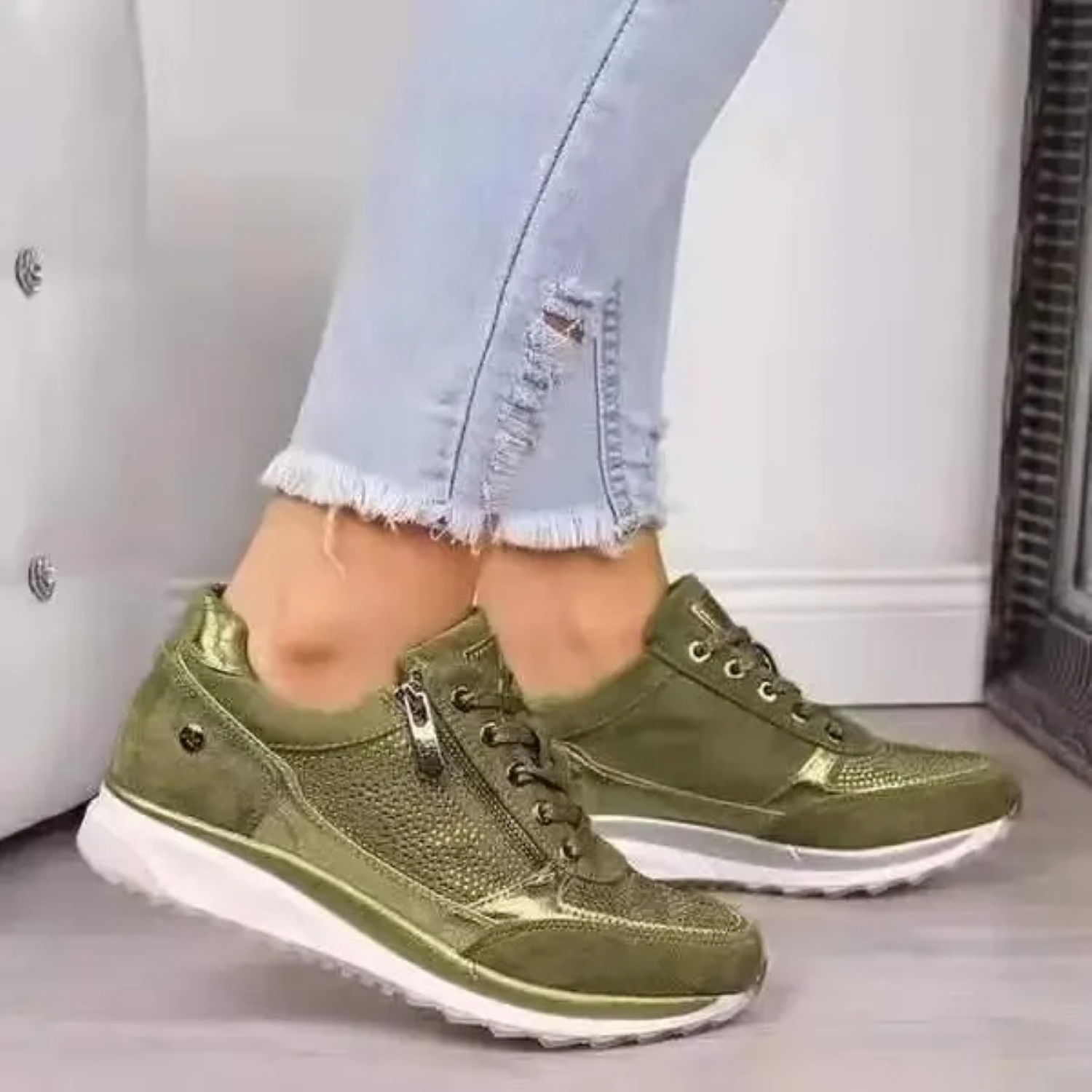 Damen Sneaker, olivgrün, atmungsaktiv, wasserdicht, flach, modisch, bequem, Freizeitmode