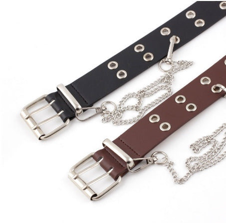 Schwarzer und brauner veganer Ledergürtel mit Kette und Metallschnalle, modisch, unisex.