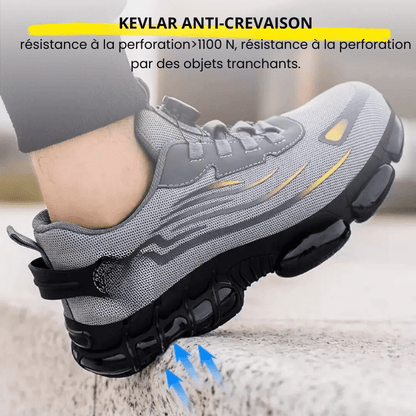 Graue Sicherheitsschuhe mit Stahlkappe, Kevlar, rutschfest, stoßdämpfend, für Bauarbeiten.