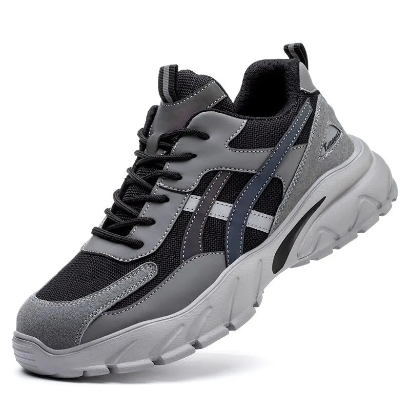 Graue Sicherheitsschuhe, stilvoll, robust, rutschfest, Modell 2024, Arbeitsschutzschuhe.