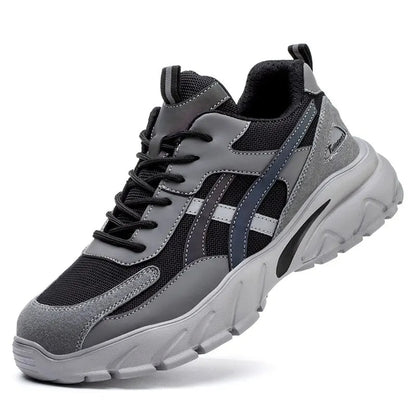 Graue Sicherheitsschuhe, stilvoll, robust, rutschfest, Modell 2024, Arbeitsschutzschuhe.