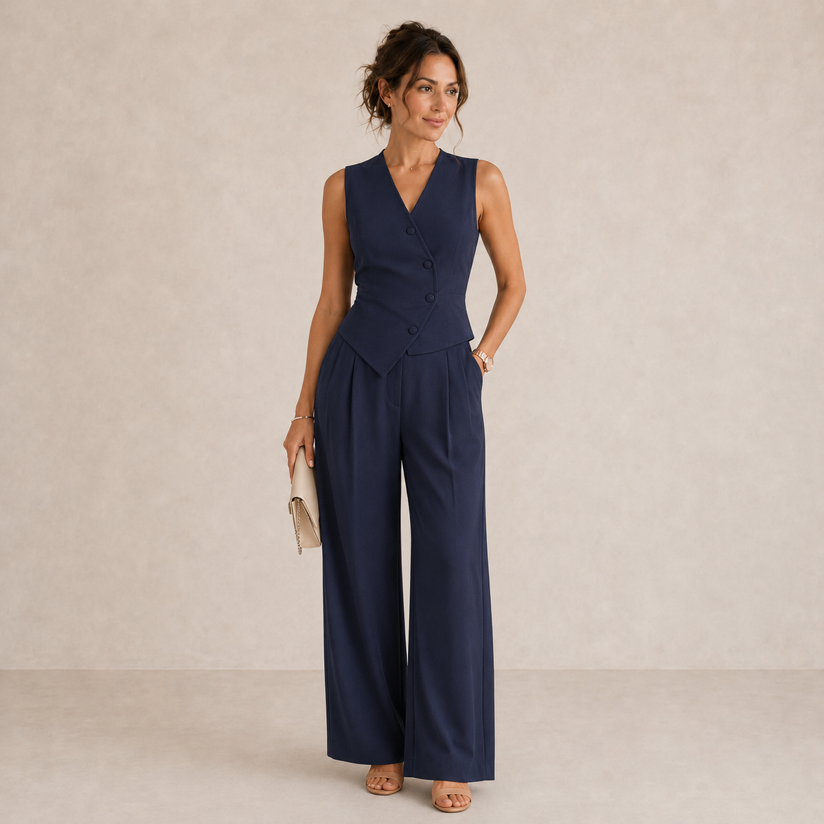 Women's Tailored Vest and Wide Leg Pants Set - Office & Occasion Outfit 4