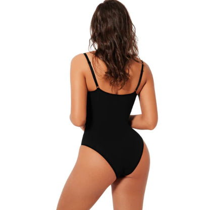 Schwarzes Damen-Bodysuit, ärmellos, Rückansicht, elegantes Design, figurbetont, Modekleidung.