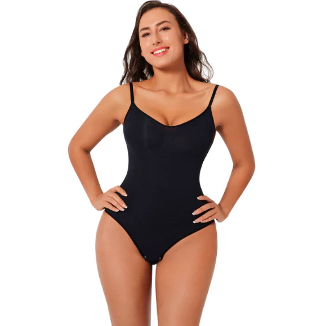 Frau in schwarzem Body, Spaghettiträger, figurbetont, Damenmode, Unterwäsche, elegant.