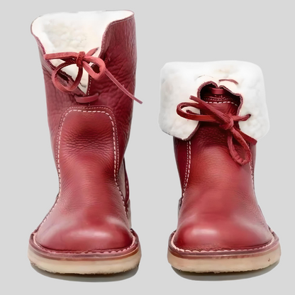 Rote Lederstiefel mit weißem Fellfutter, Damen-Wintermode, warme Winterschuhe.
