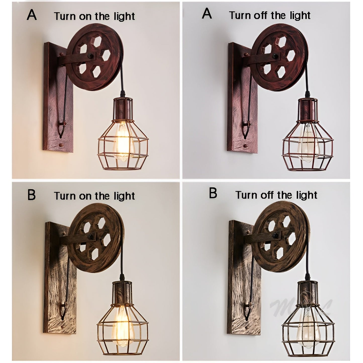Vintage Wandlampe mit Holzrad, Metallkäfig, LED, Retro-Industriedesign, Wohnzimmerbeleuchtung.