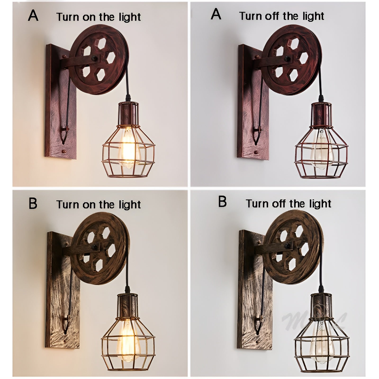 Vintage Wandlampe mit Holzrad, Metallkäfig, LED, Retro-Industriedesign, Wohnzimmerbeleuchtung.