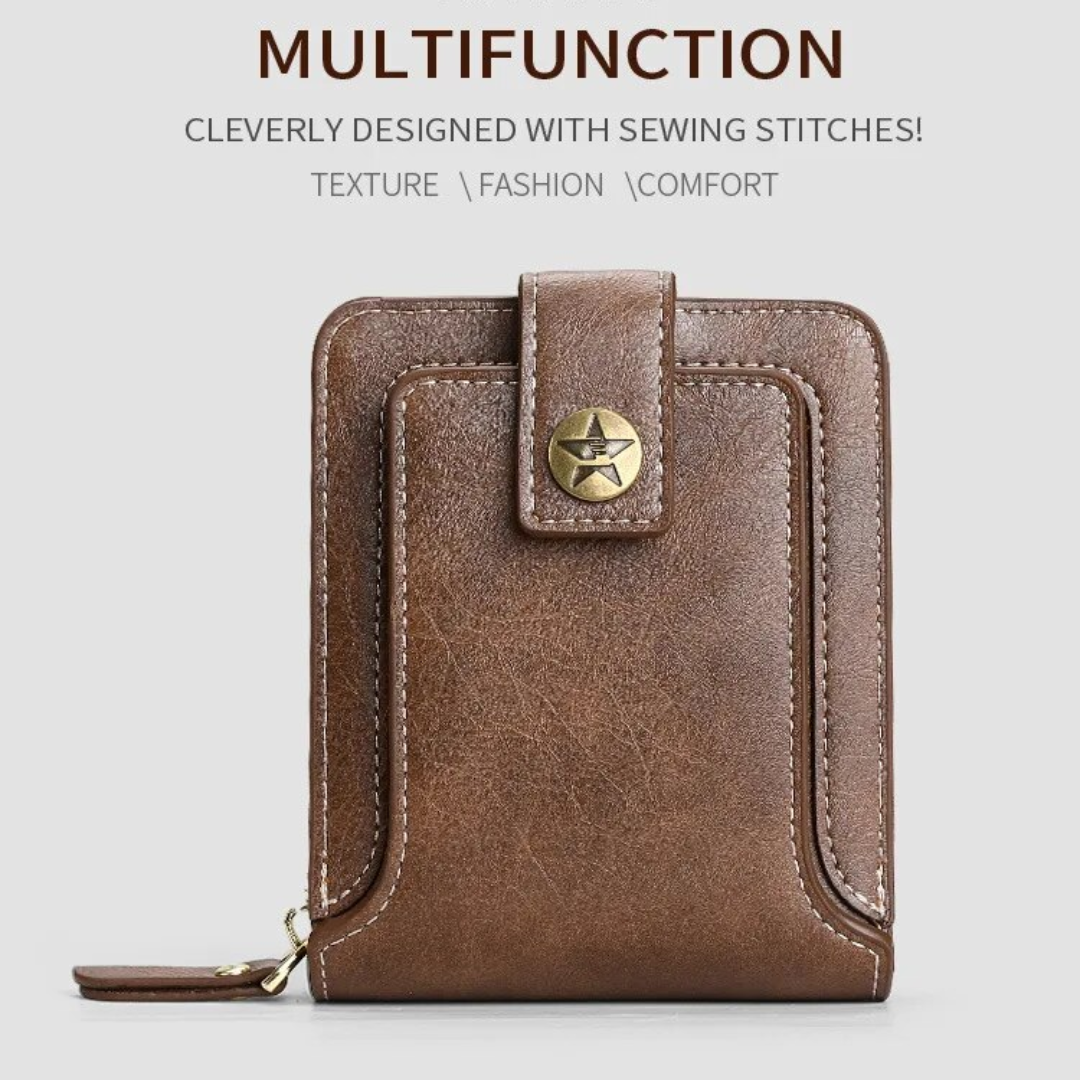 Braune Vintage-Leder-Geldbörse mit Sternknopf, multifunktional, stilvoll und kompakt.