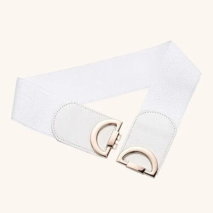 Weißer Vintage-Gürtel mit breitem elastischem Band und D-Ring-Verschluss für Damenmode.