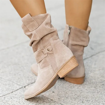 Beige Damen-Winterstiefeletten, Kunstwildleder, niedriger Absatz, Reißverschluss, lässig.