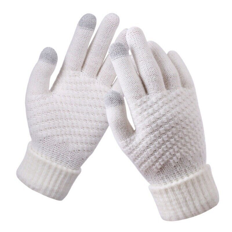 Weiße Touchscreen-Handschuhe, gestrickt, mit grauen Fingerspitzen, für Smartphone-Bedienung.