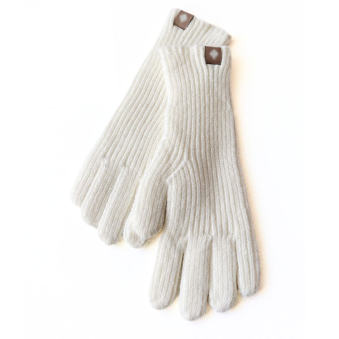 Weiße Strickhandschuhe aus Wolle, geripptes Design, warm, wintertauglich, unisex.