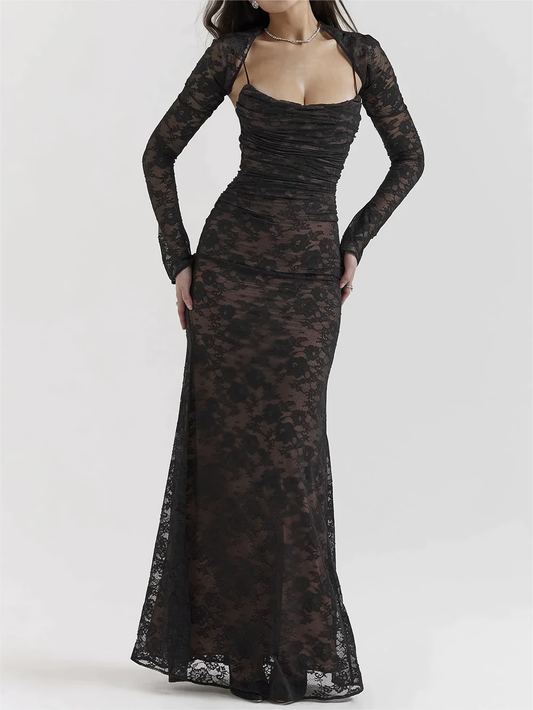 Frau in schwarzem Spitzenkleid, langärmelig, figurbetont, elegantes Abendkleid, Mode.