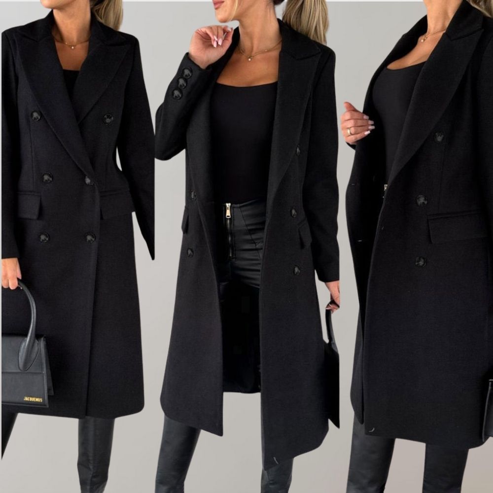 Damen Wintermantel schwarz, elegant, doppelt geknöpft, lang, modisch, warm, stilvoll.