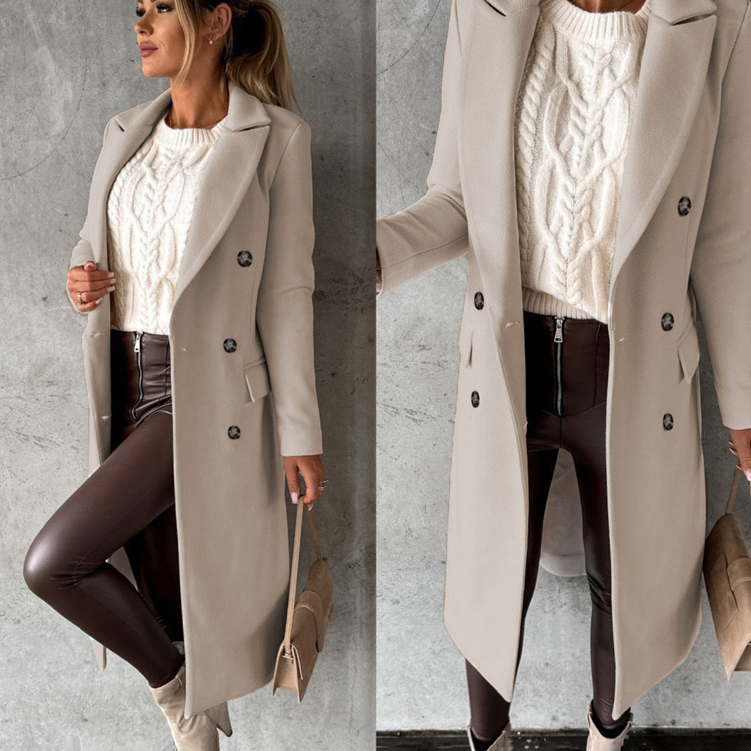 Damen Wintermantel beige, eleganter Wollmantel, modischer Look, warm, stilvoll, Herbstmode.