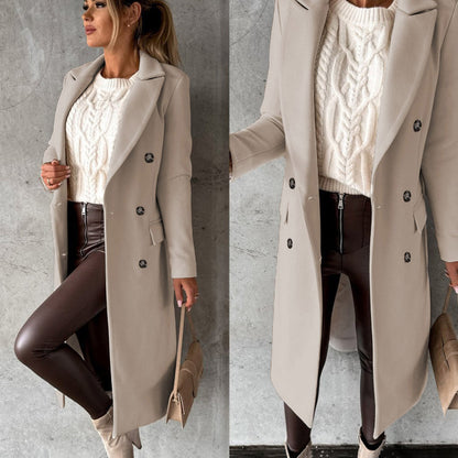 Damen Wintermantel beige, eleganter Wollmantel, modischer Look, warm, stilvoll, Herbstmode.